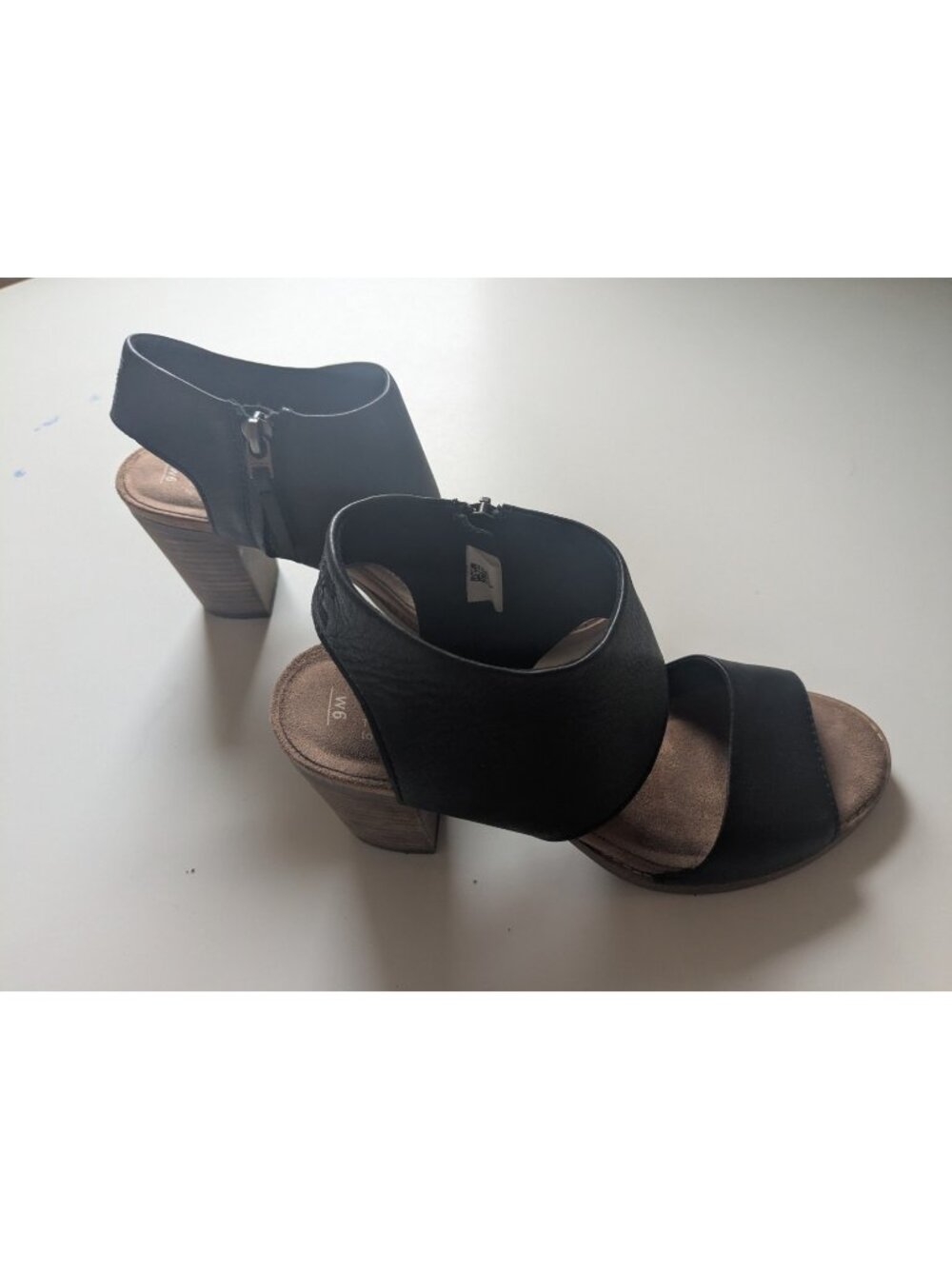 Toms Women’s Sandals Size 6 Black Majorca Block Ankle Leather Heels Y2K Open EUC